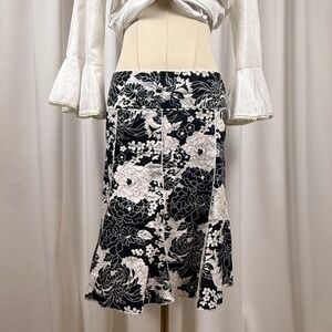 Black White Floral Print Midi Skirt Flounce Hem Flare A Line